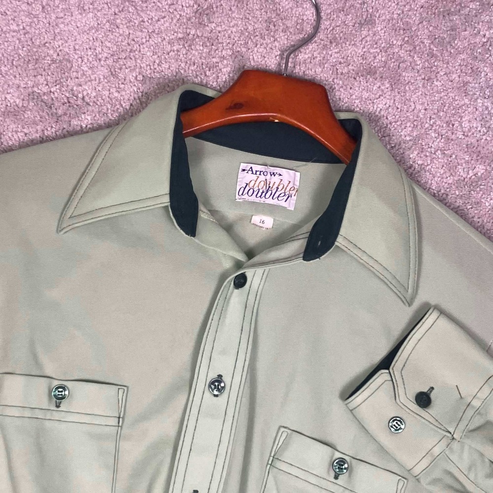 Vintage 70s Arrow Double Doubler Disco Shirt Mens 16 Sage Green Long Sleeve
